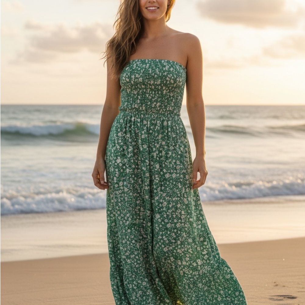 Zesica Floral Green Strapless Maxi Dress small - Picture 3 of 9